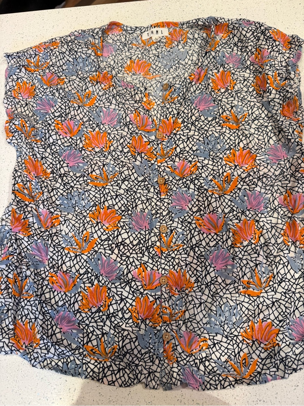 THML Floral Button-Front Women’s Top in Orange, Lilac and grey